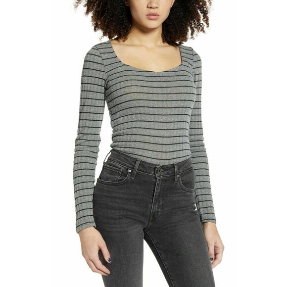 PST Project Social Square Neck Striped Knit Top Grey Black Size Medium NWT - Picture 1 of 6